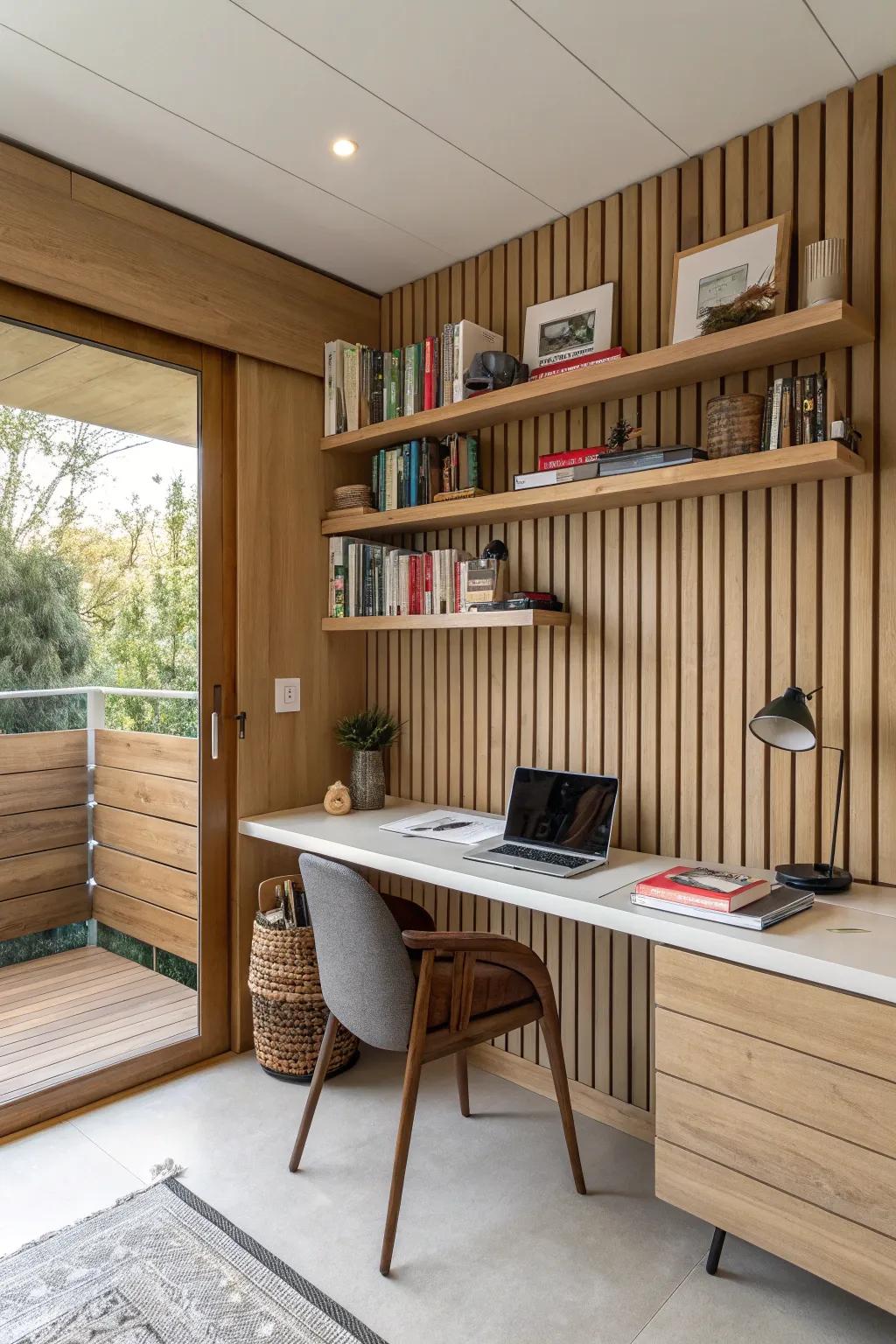 A study area exhibiting a wooden strip wall equipped with utilitarian shelving.