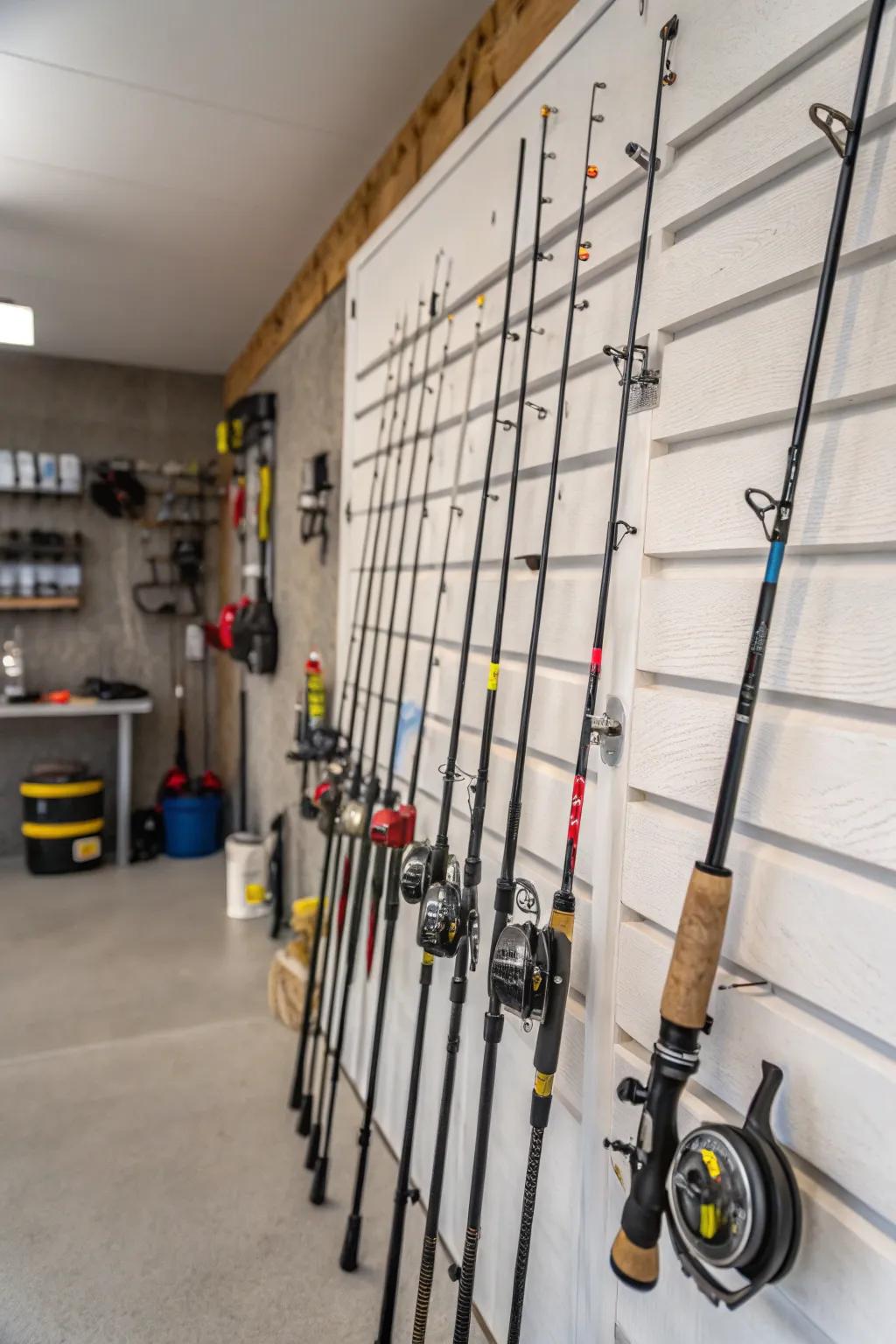 Fishing poles are stored safely and neatly on a panel-track.