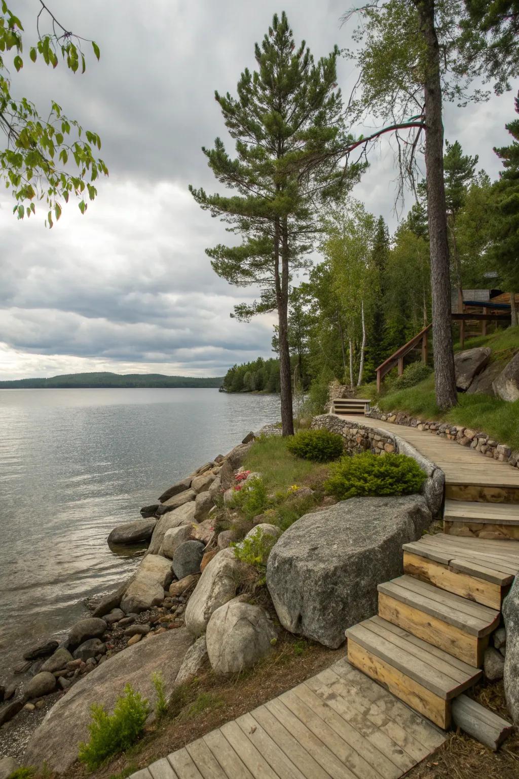 Raw materials highlight the country charm of this lakeside spot.