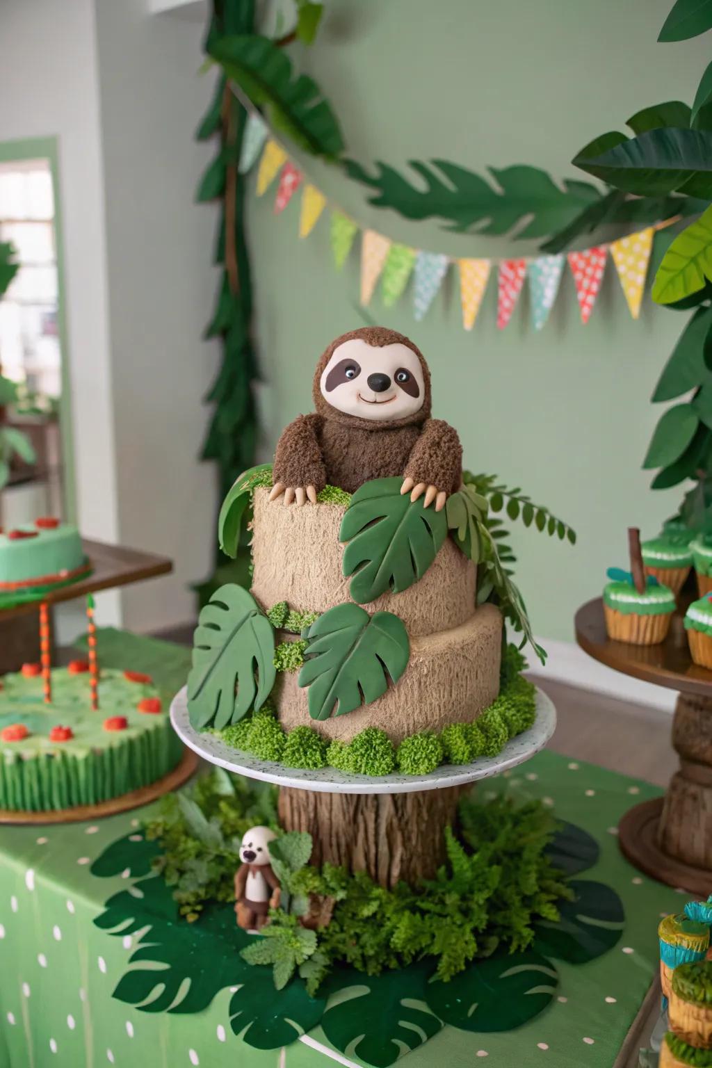 Jungle accessories metamorphose a slumbering creature cake into an escapade.