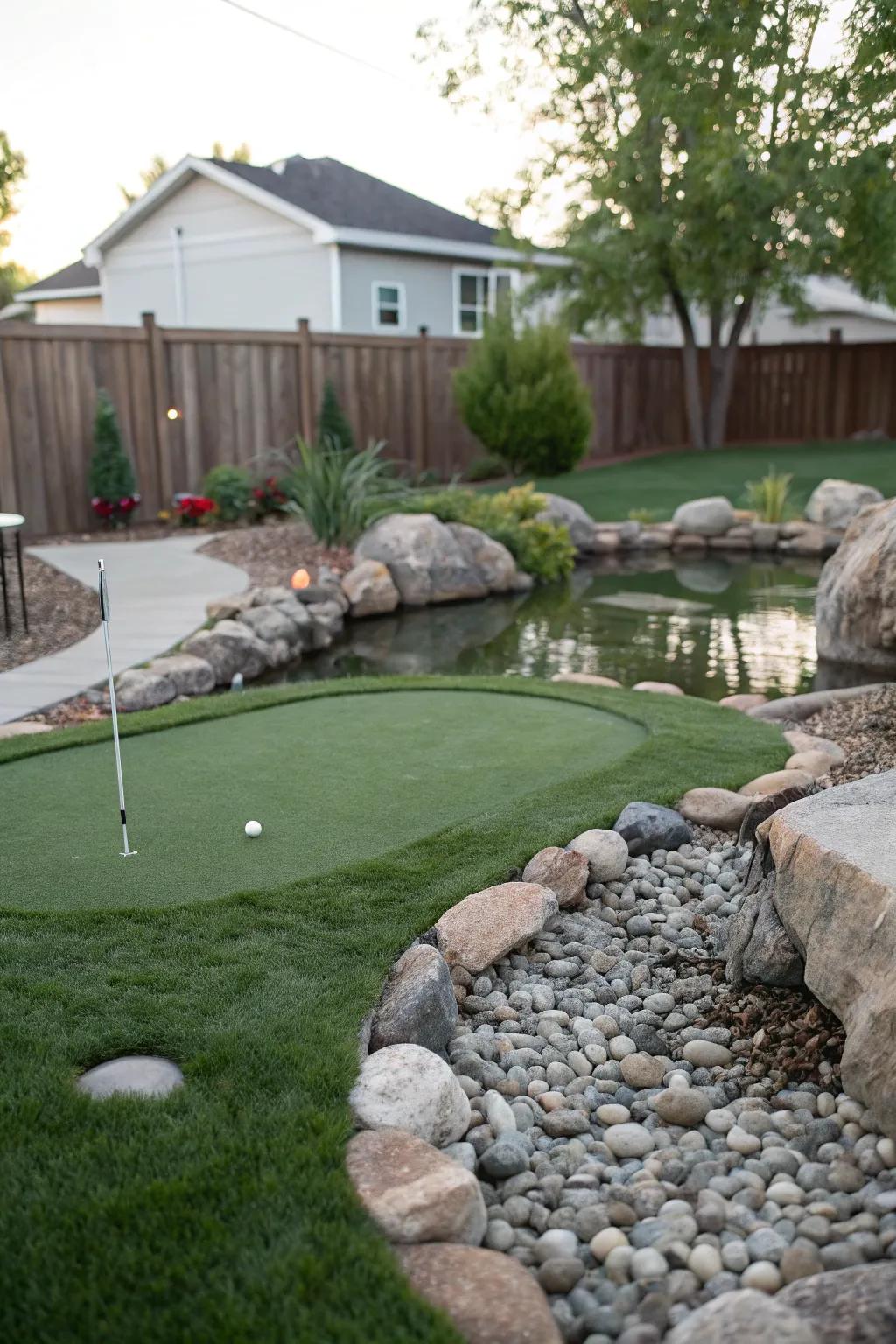 A putting green exquisitely harmonized with a pond and boulder garden.