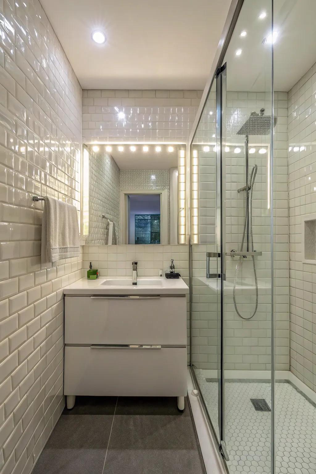 Reflective surfaces bounce light, making compact bathrooms feel larger.
