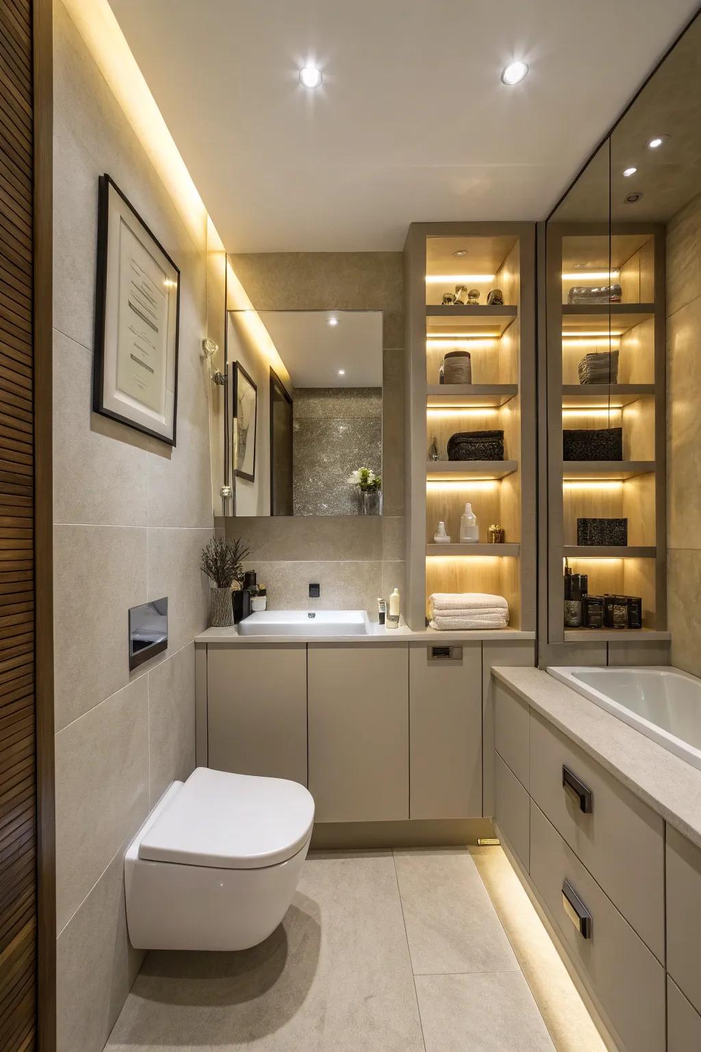 A small bathroom exhibits concealed storage for a minimalist aesthetic.