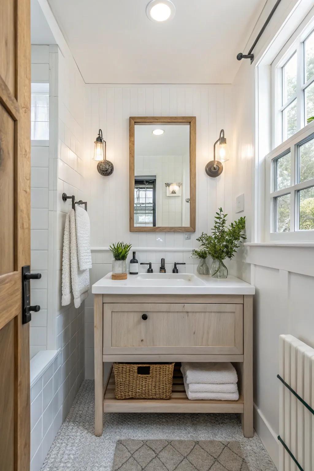Pale colors create an illusion of more space in a small bathroom.