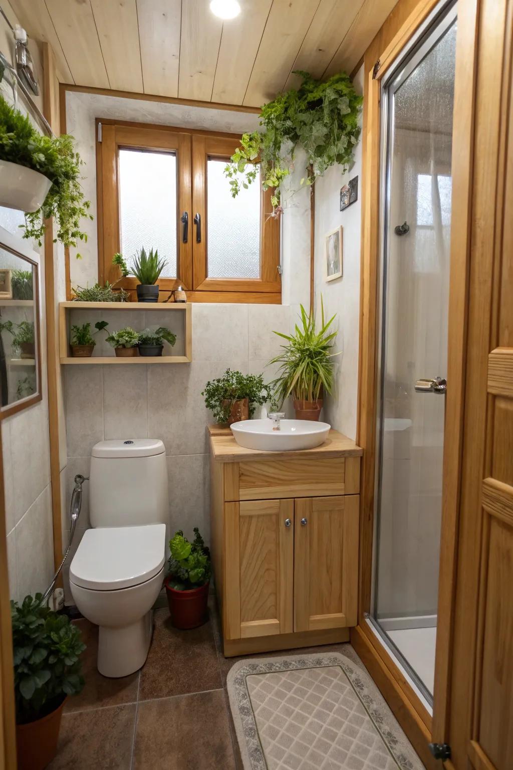Organic details like plants can contribute warmth to your bathroom.