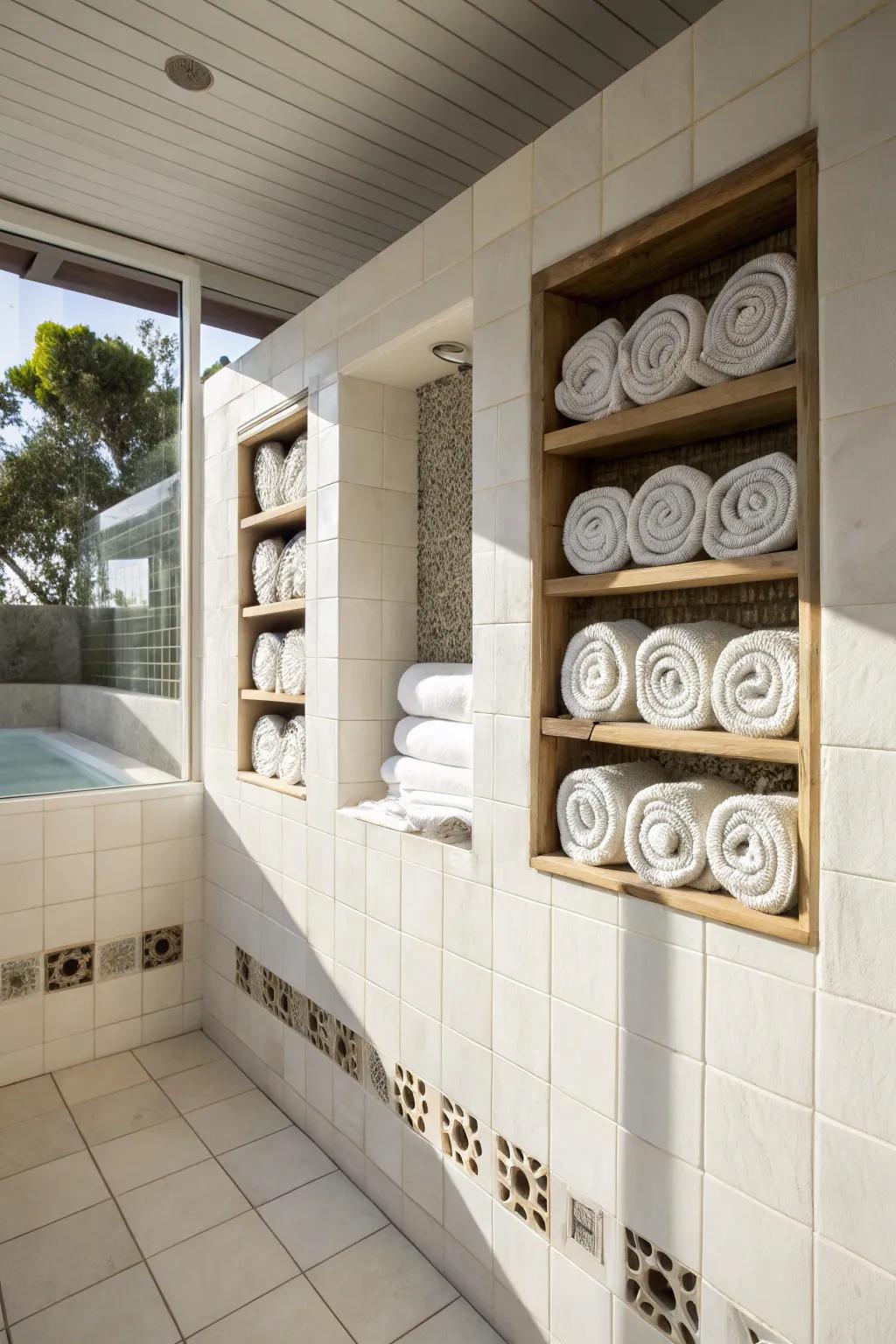 Chic storage solution with towel rolls in wall niches.