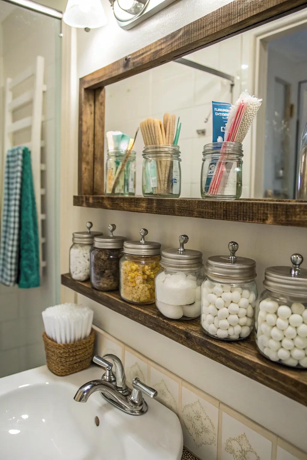 Mason jars offer charming storage options.