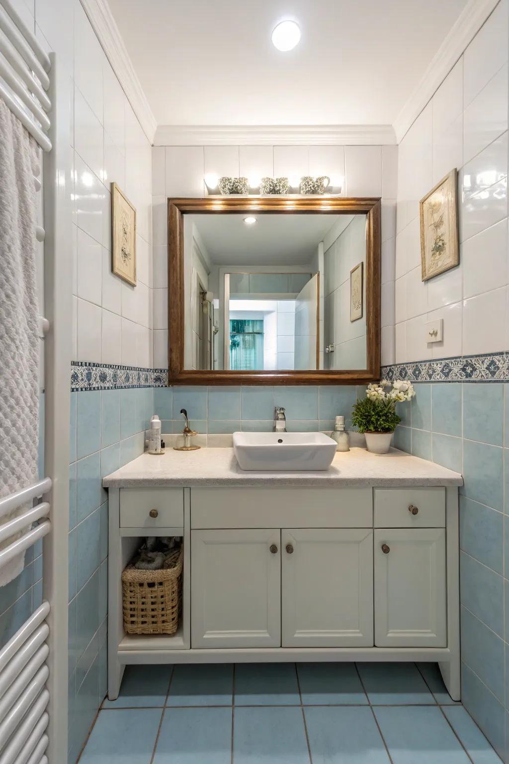 A smartly placed looking-glass that boosts light and space in a compact bathroom.