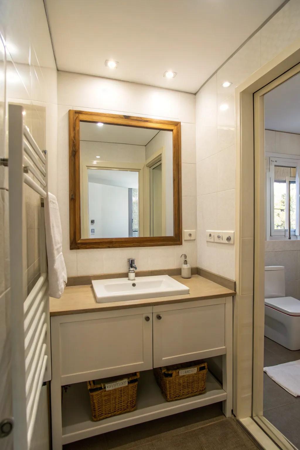 Large mirrors create the illusion of a more expansive washroom.