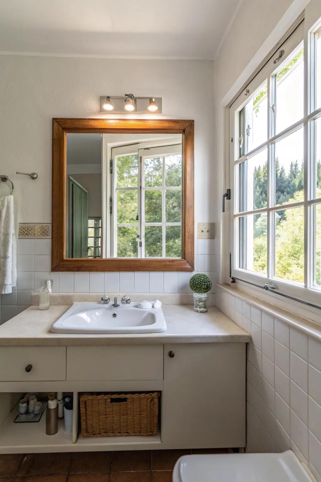 Mirrors enhance light and expand spaces in bathrooms.