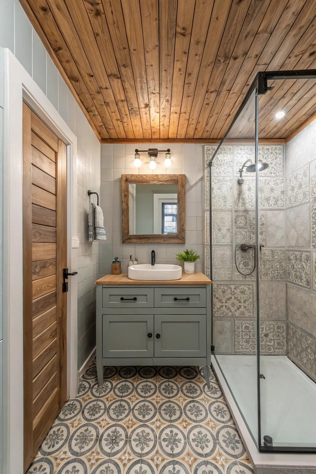 Textured boards introduce depth and visual intrigue to the ceiling.