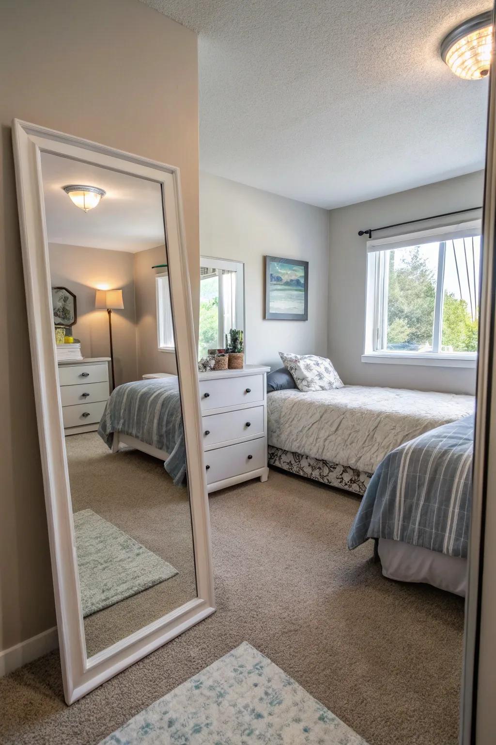 A compact bedroom making use of mirrors to create the illusion of greater space.