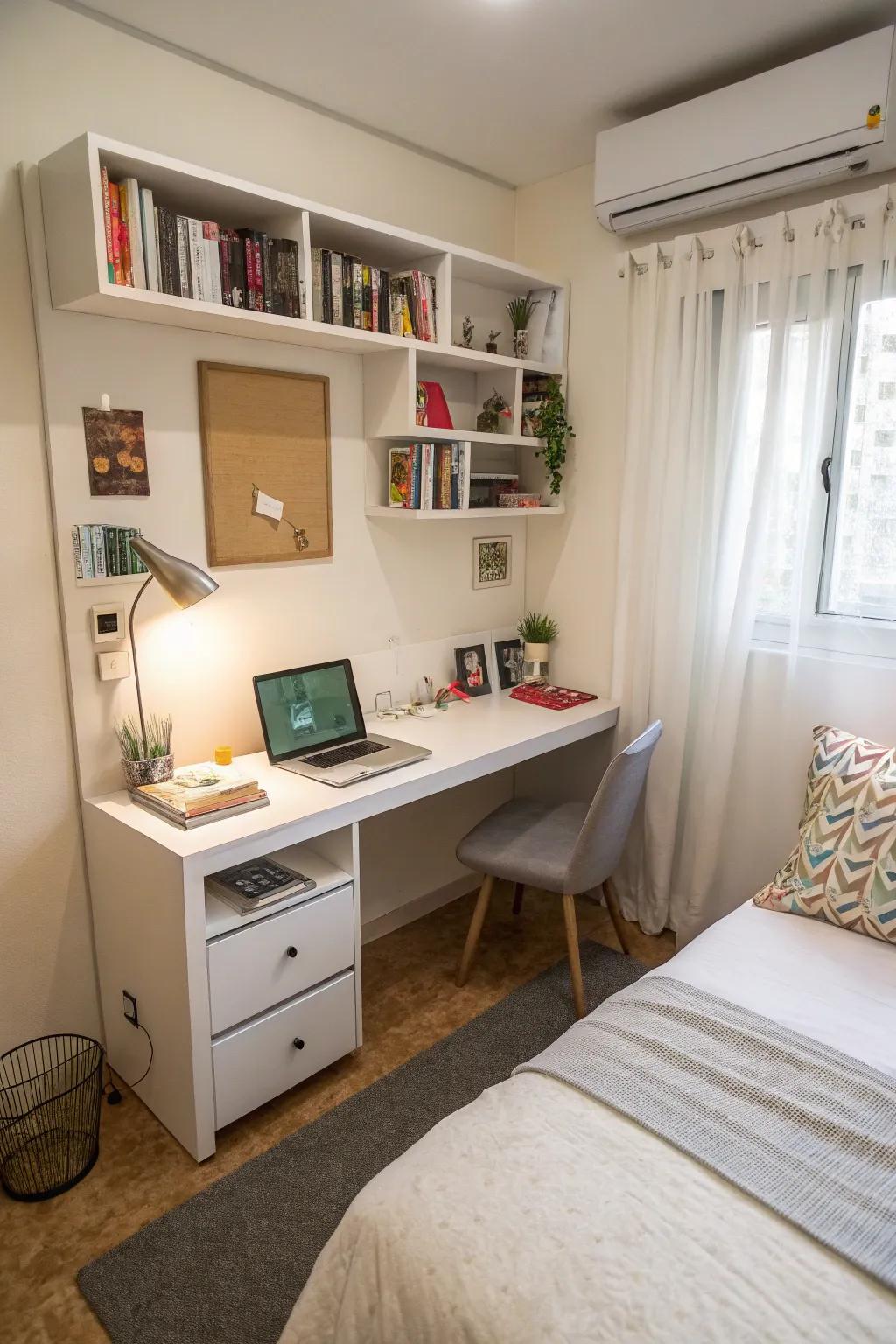 Desks mounted on the wall save important floor space.