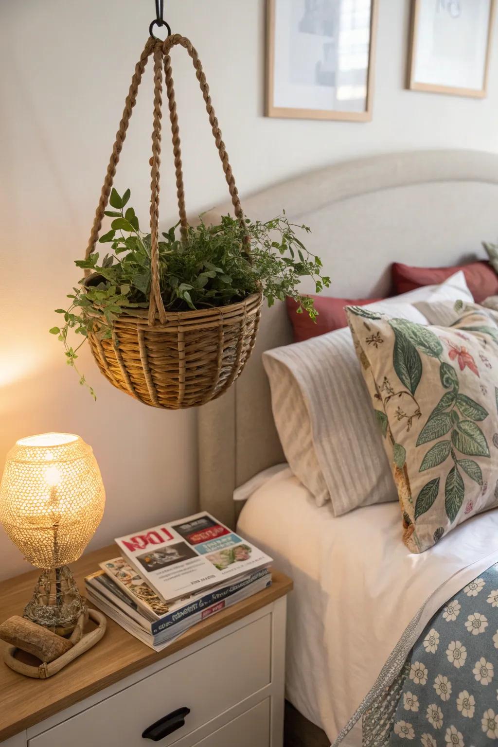 A hanging basket provides a unique and space-saving bedside storage solution.