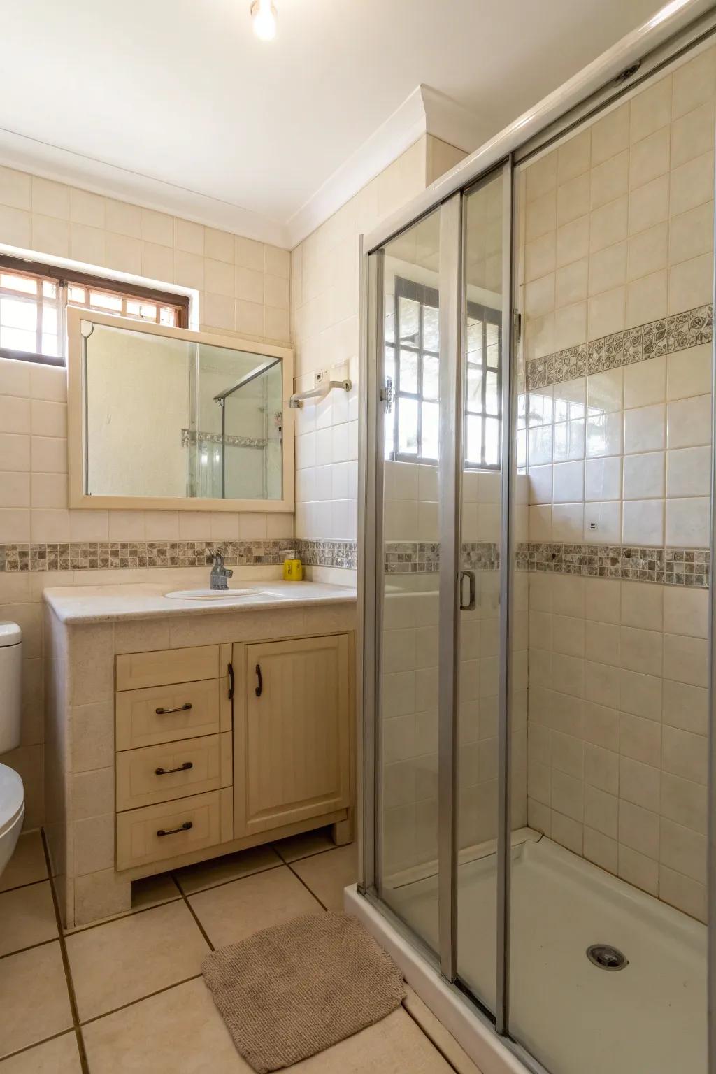 A small bathroom with a seamless glass shower enclosure.