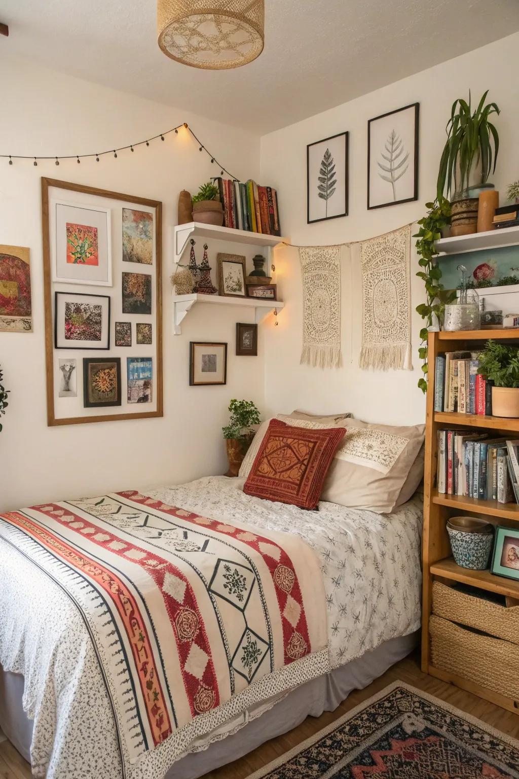 Personal art and ornamentation personalize this petite boho bedroom