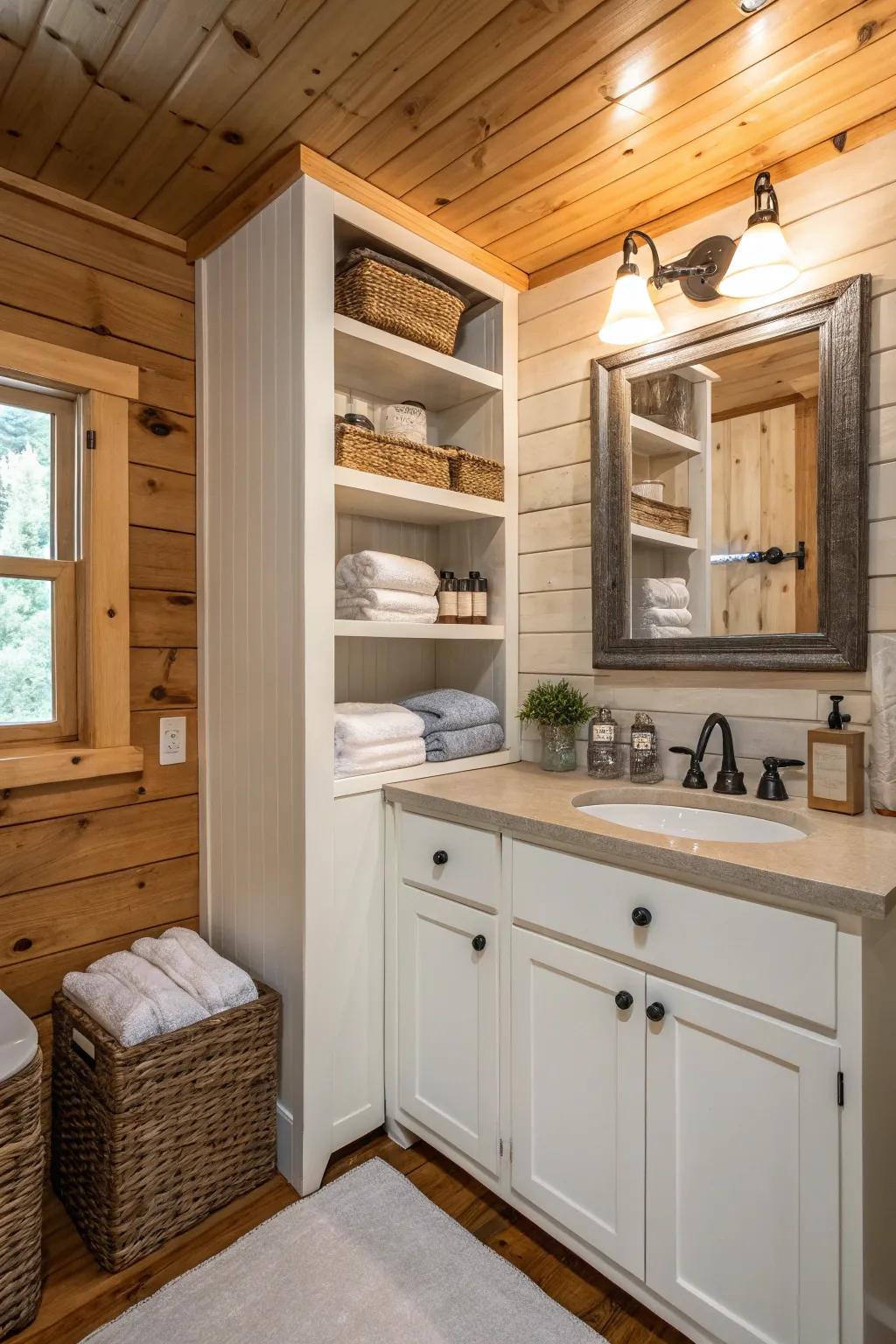 Smart storage solutions keep the bathroom organized and functional.