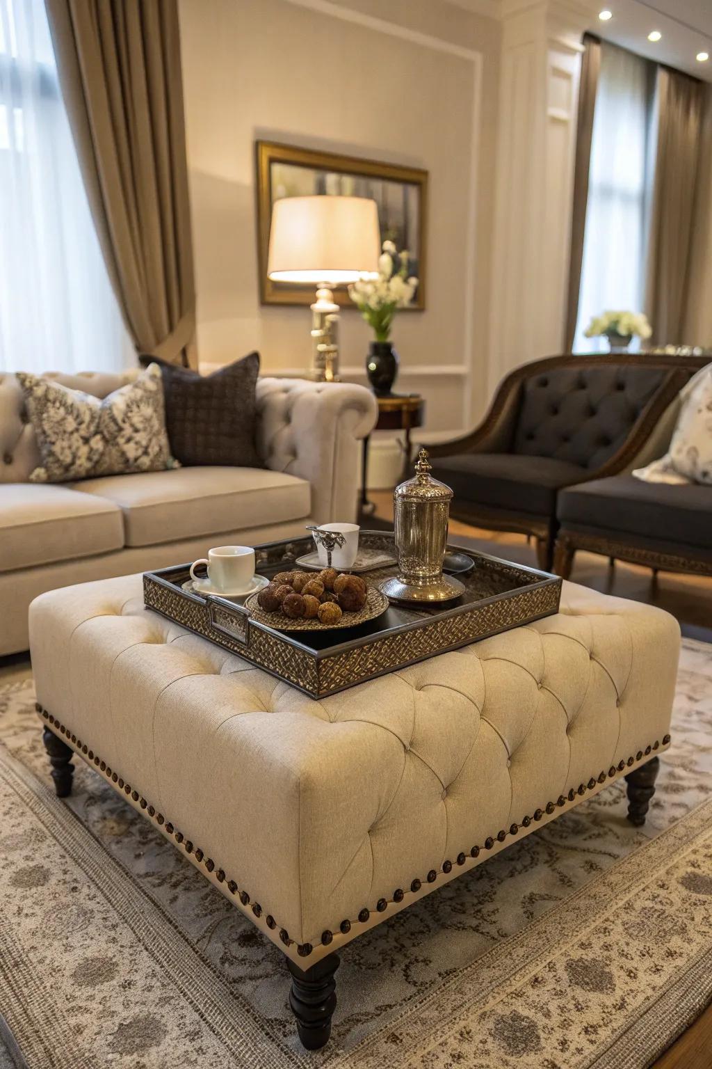 Ottomans with trays flawlessly merge comfort and convenience.