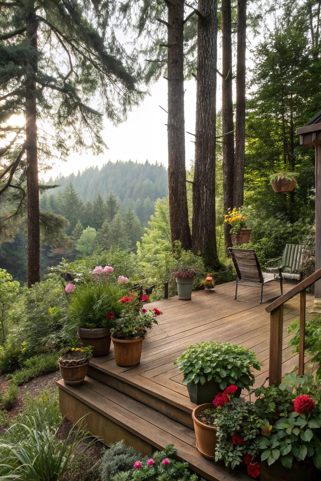 A compact deck nestled within a rich garden.