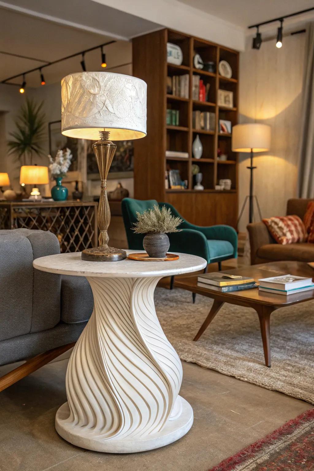 An organically shaped end table introduces an artistic flair to any living space.