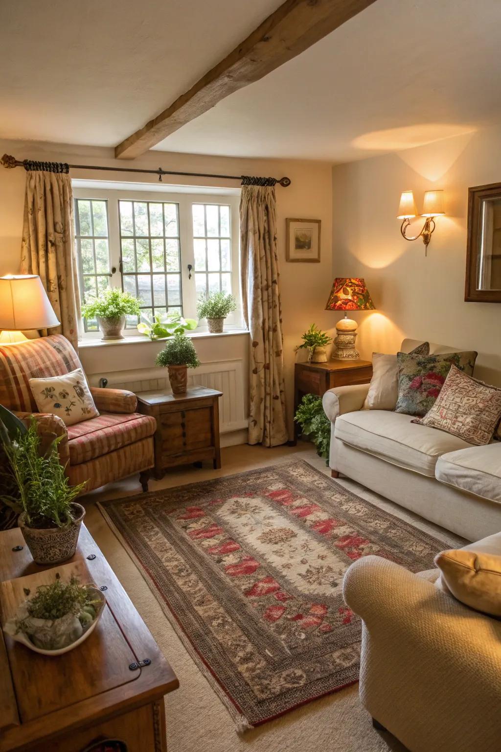 Cozy accessories like rugs and lamps complete this cottage living room.