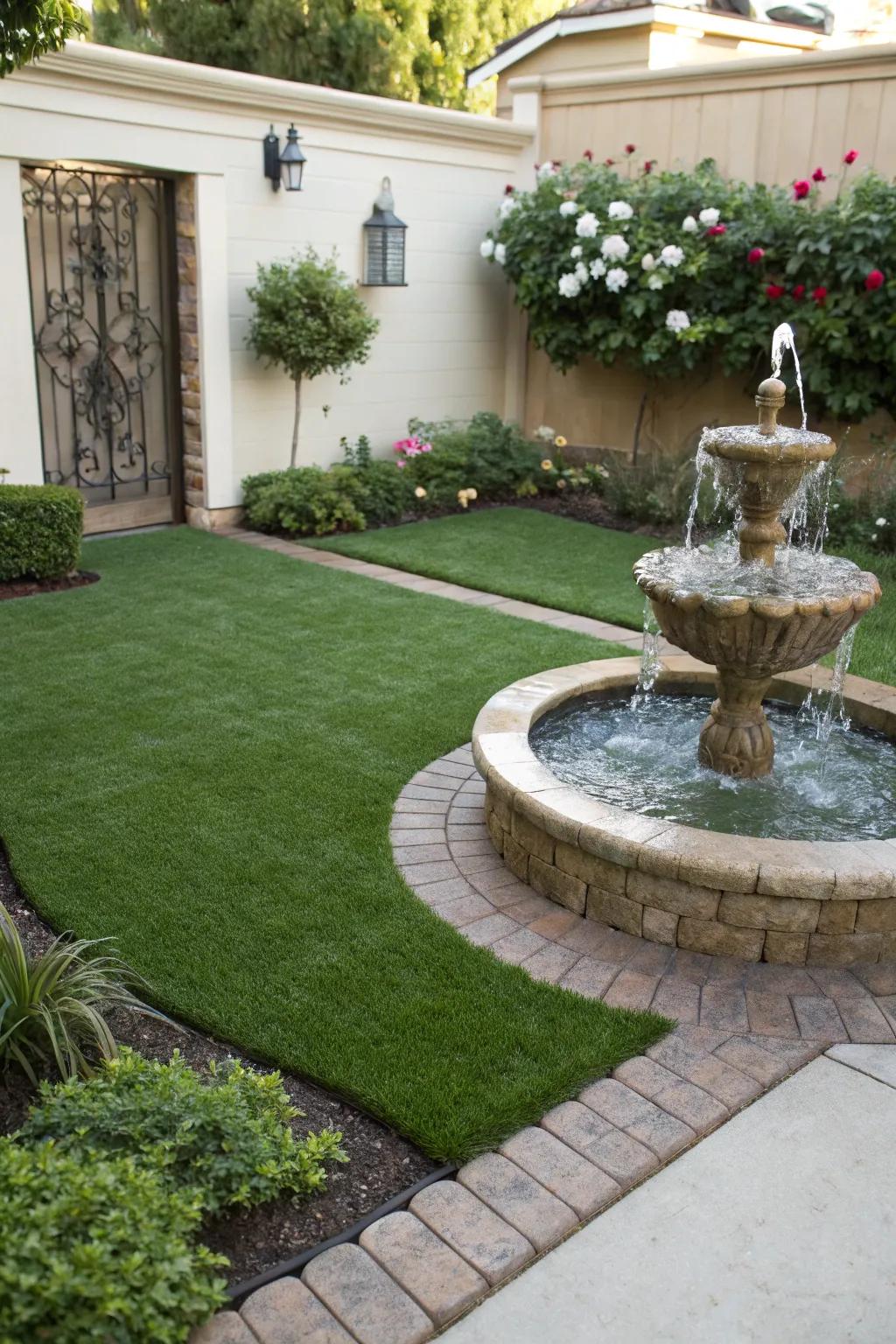 A compact water feature imparting tranquility to a garden with artificial turf.