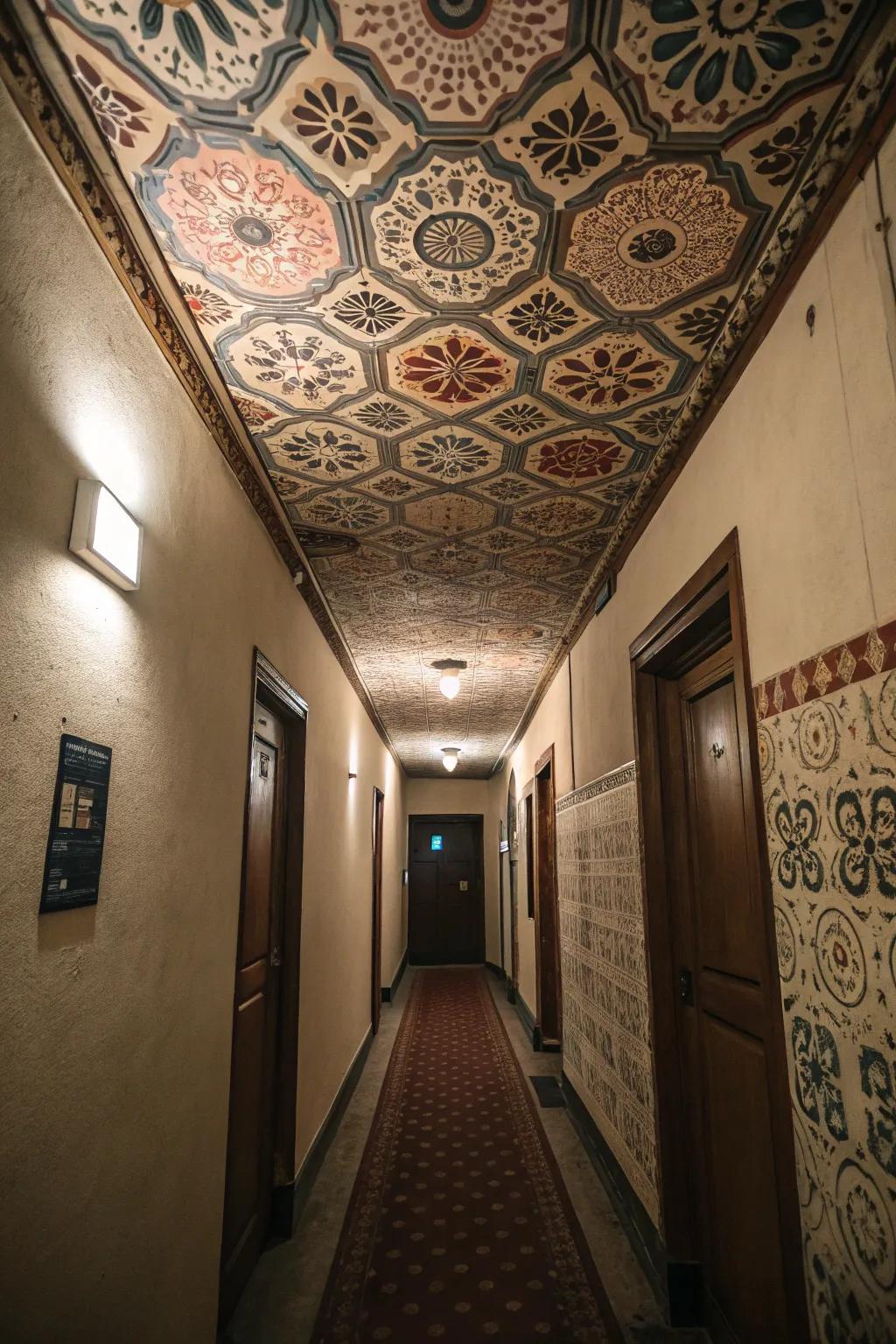A distinctive ceiling can stand out as a remarkable feature in a confined hallway.