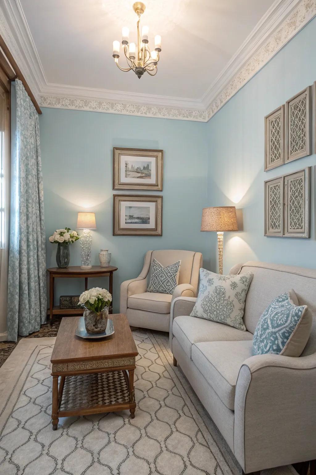 A compact living space showcasing soft azure walls for tranquility.