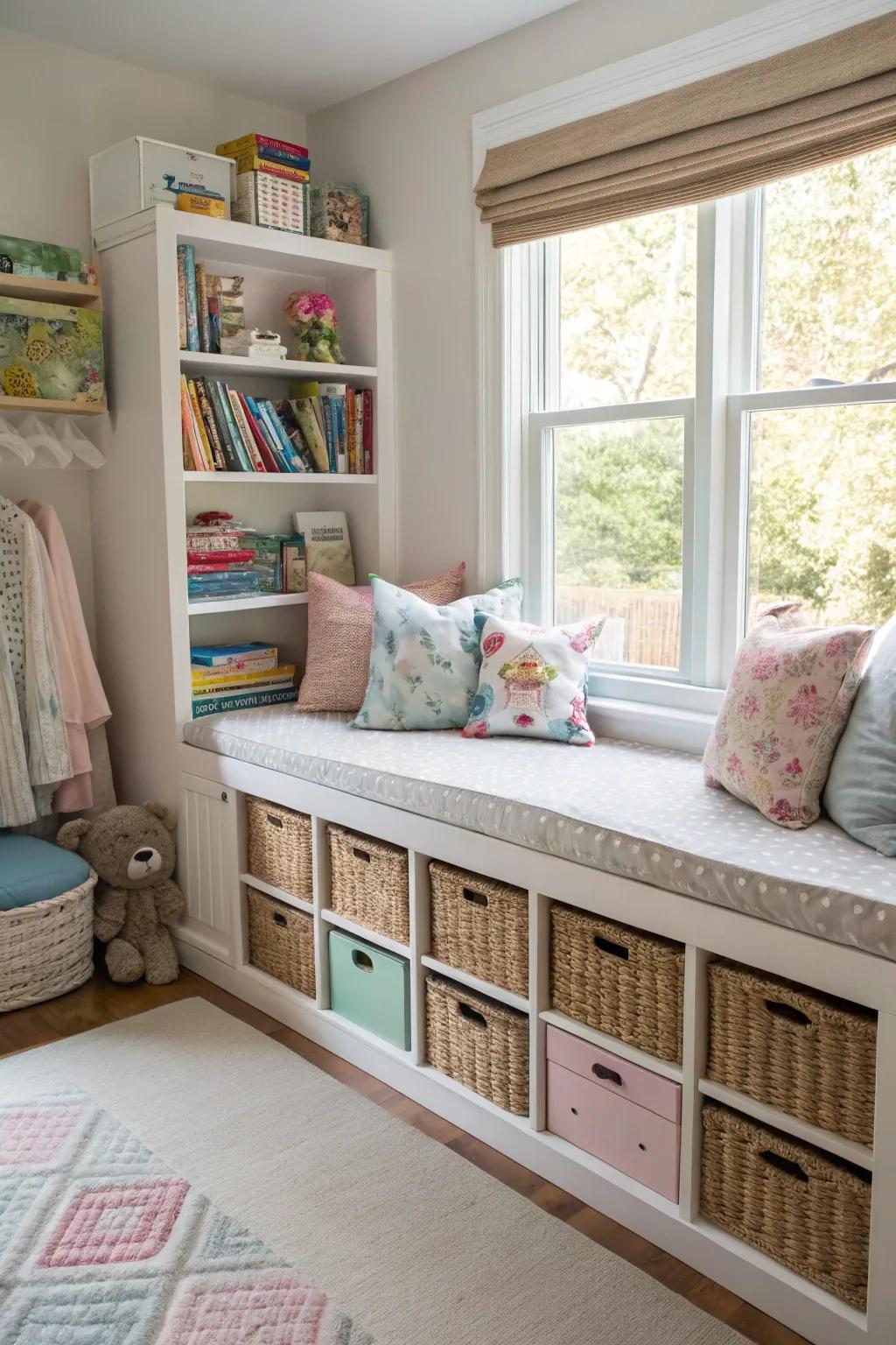 A fenestration perch proffers a snug perusing alcove and auxiliary stowage.