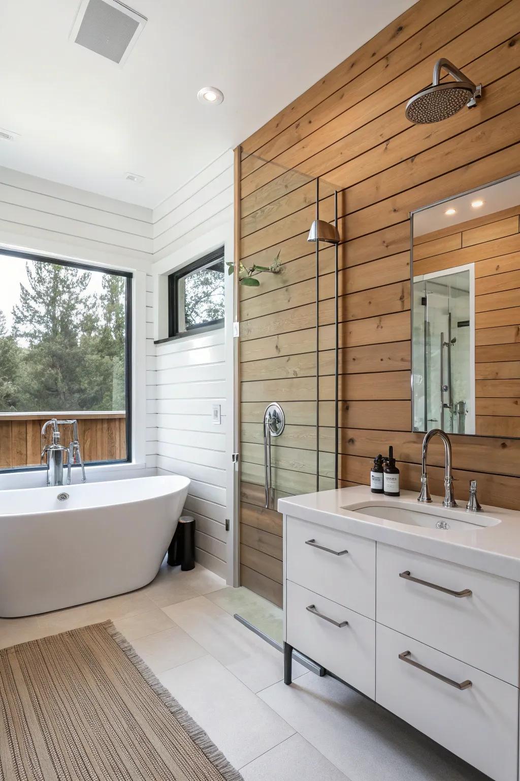 Shiplap walls add unique texture to a rustic bathroom.