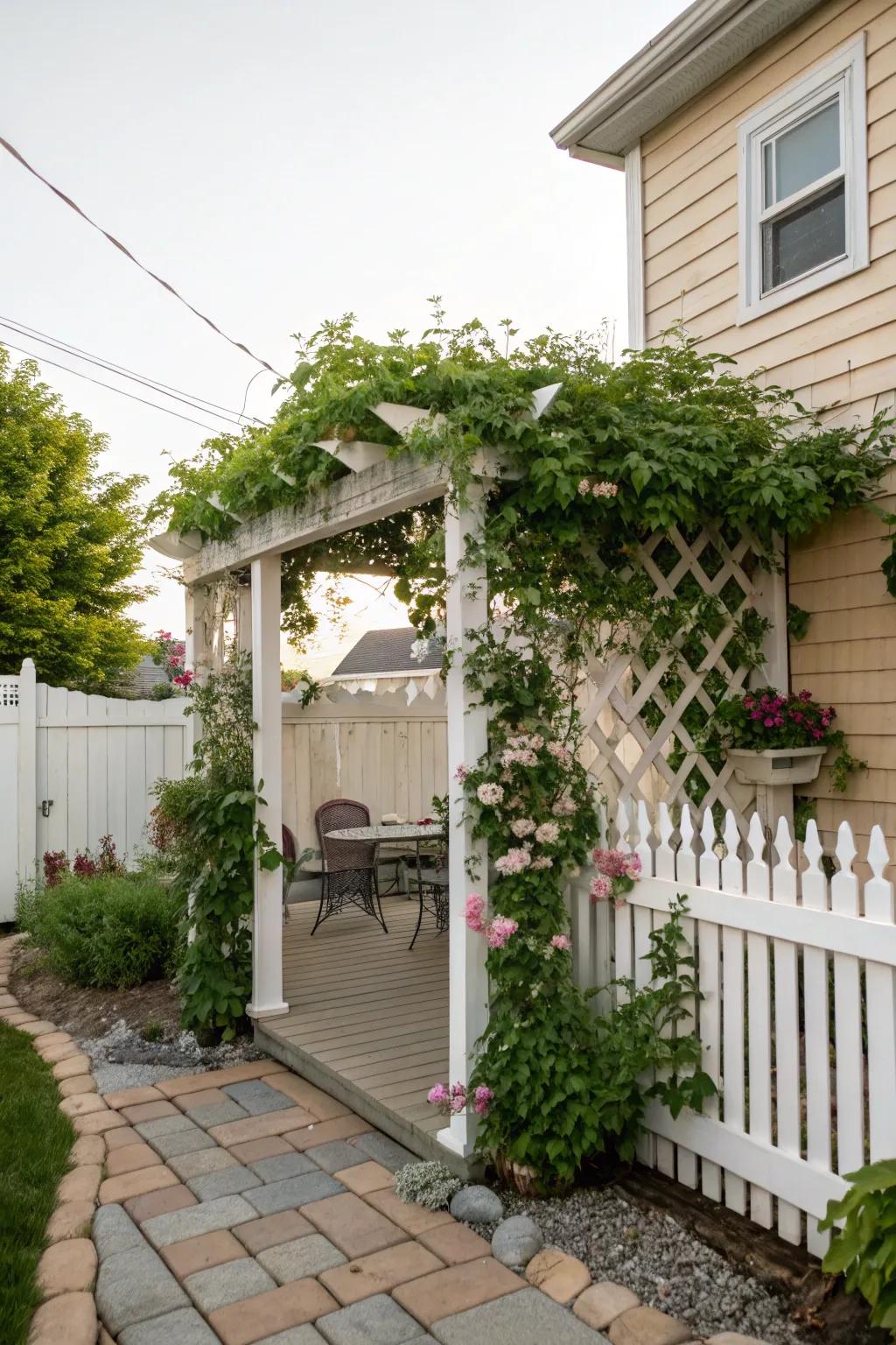 A trellis adorned with climbing plants adds privacy and charm.