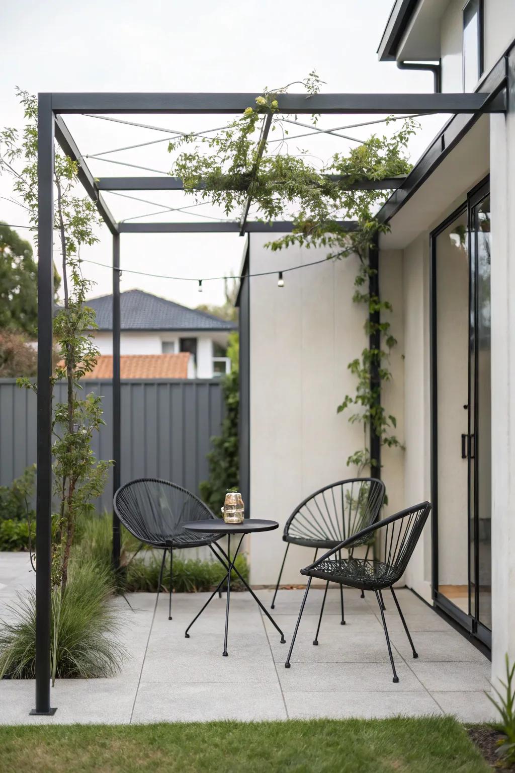 A minimalist metal canopy introduces modern sophistication to a modest patio.
