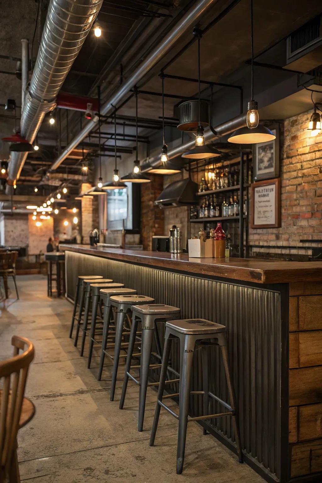 Industrial elements give a trendy edge and unique appeal to a compact restaurant bar.