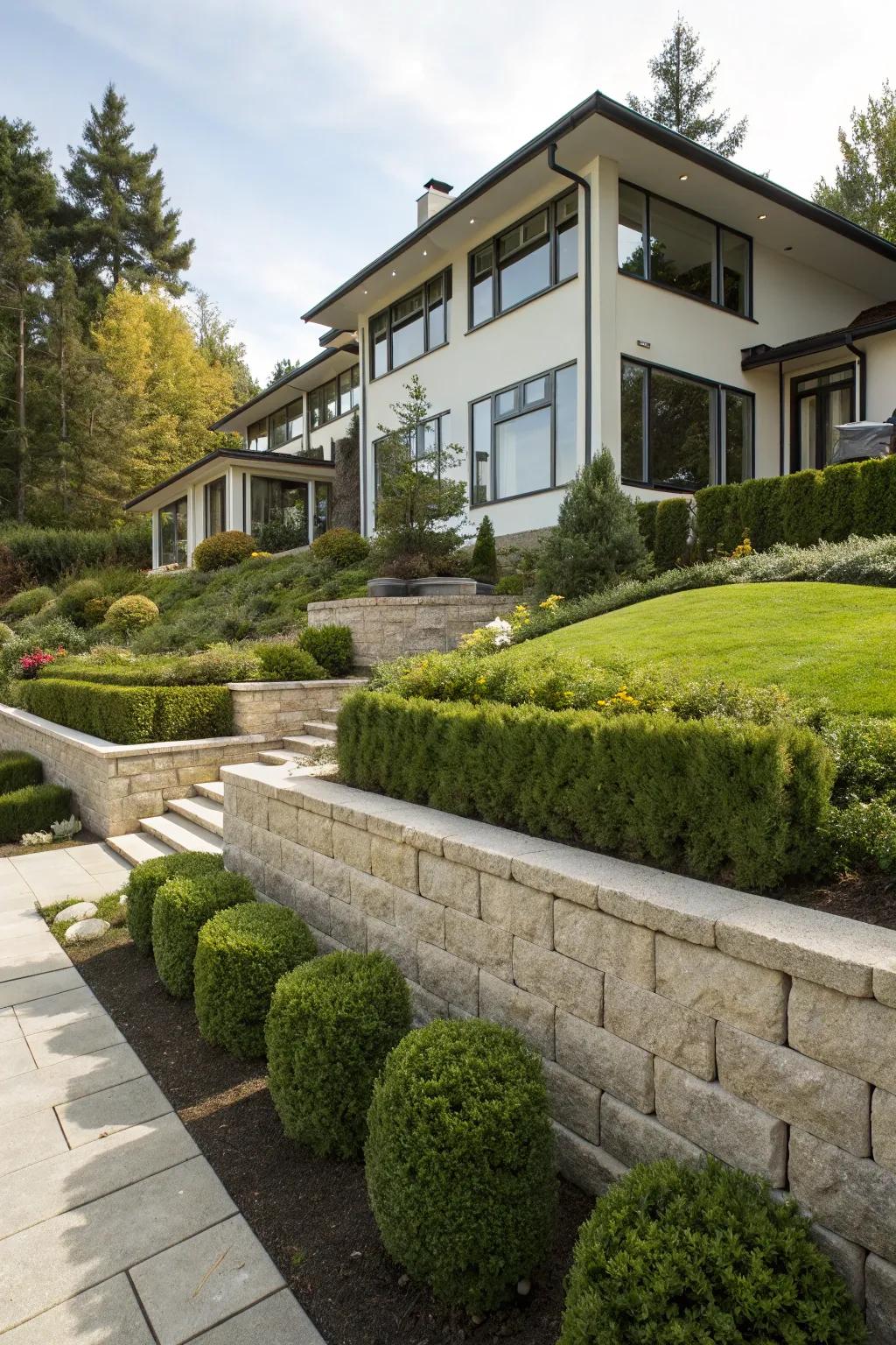 Contrasting retaining frameworks fashion streamlined cohesion with facades.