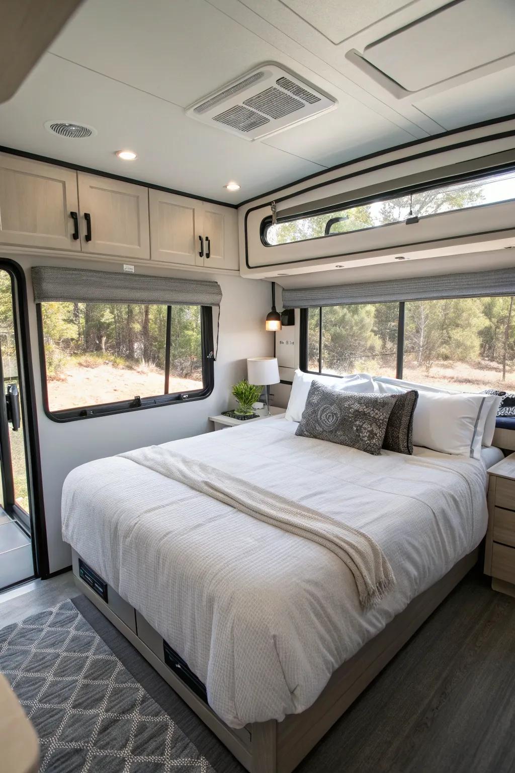 Simplistic designs keep your RV bedroom uncrowded and spacious.