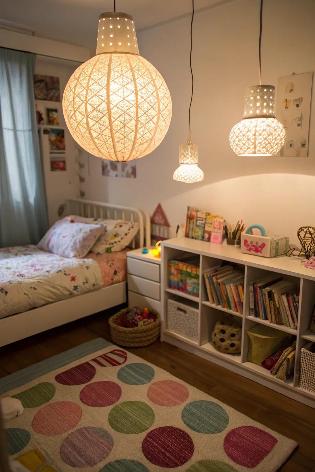Hanging lamps free up space and add cozy lighting.