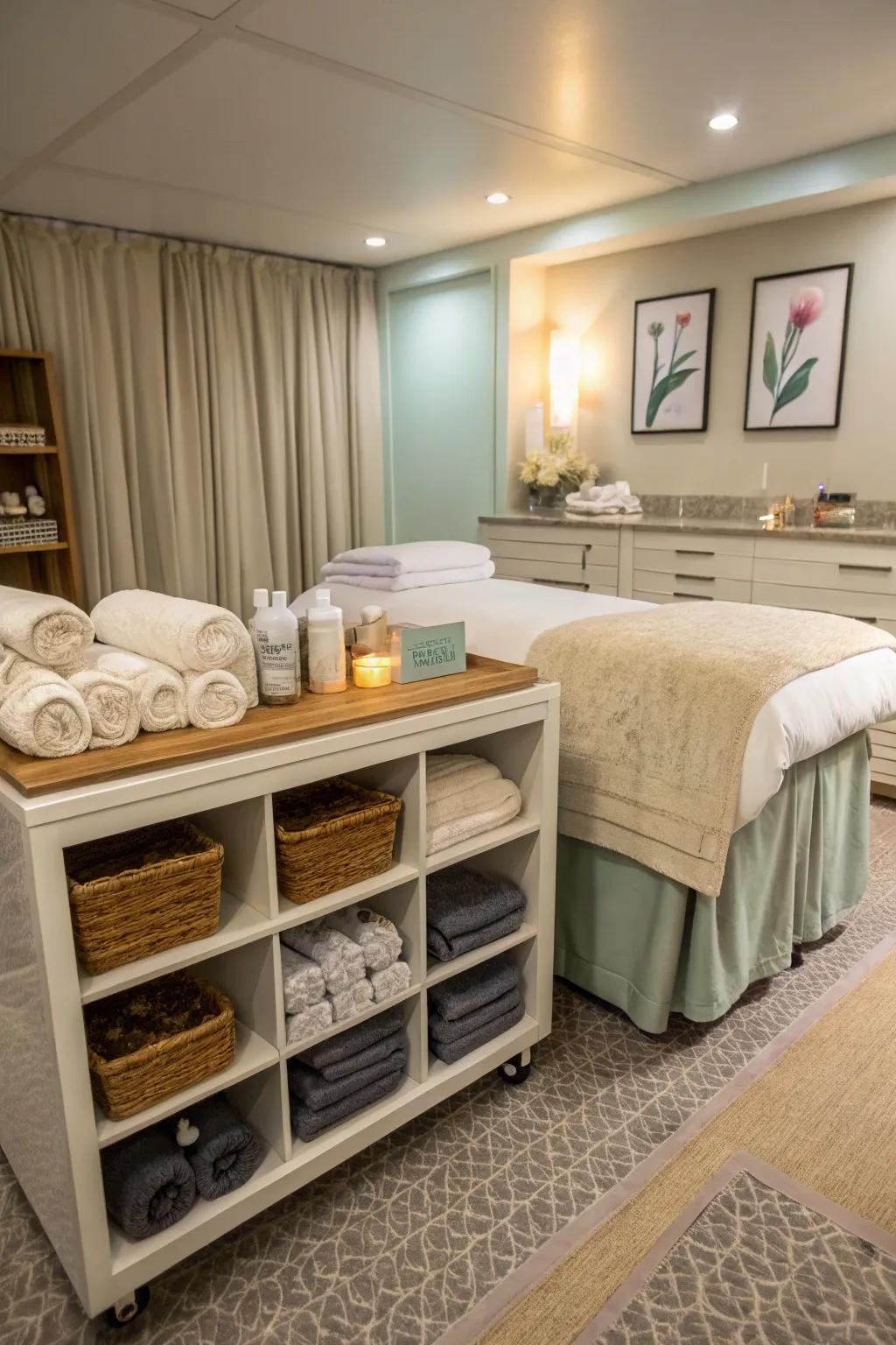 Hidden storage used in a small spa room