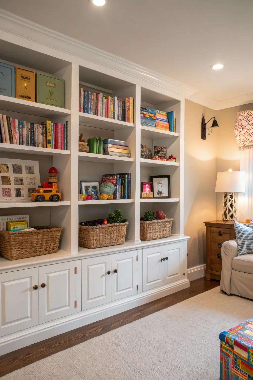 Built-in bookshelves elegantly purposed for stylish toy storage.