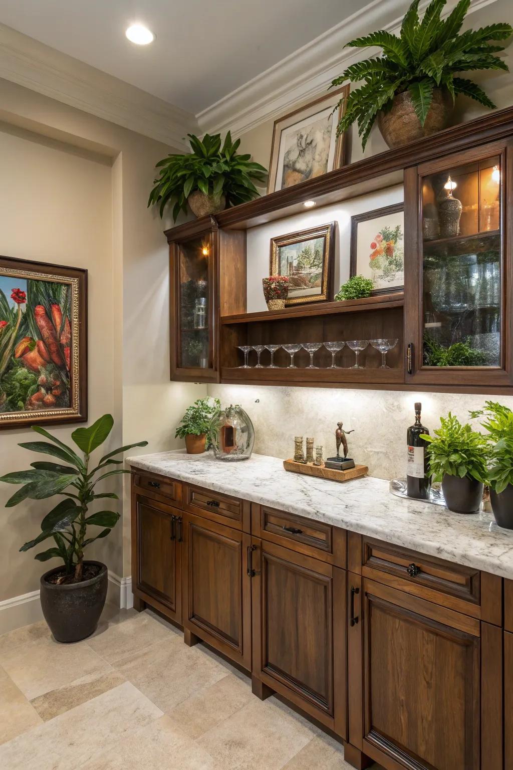 Ornamental components like art and flora within a small wet bar.