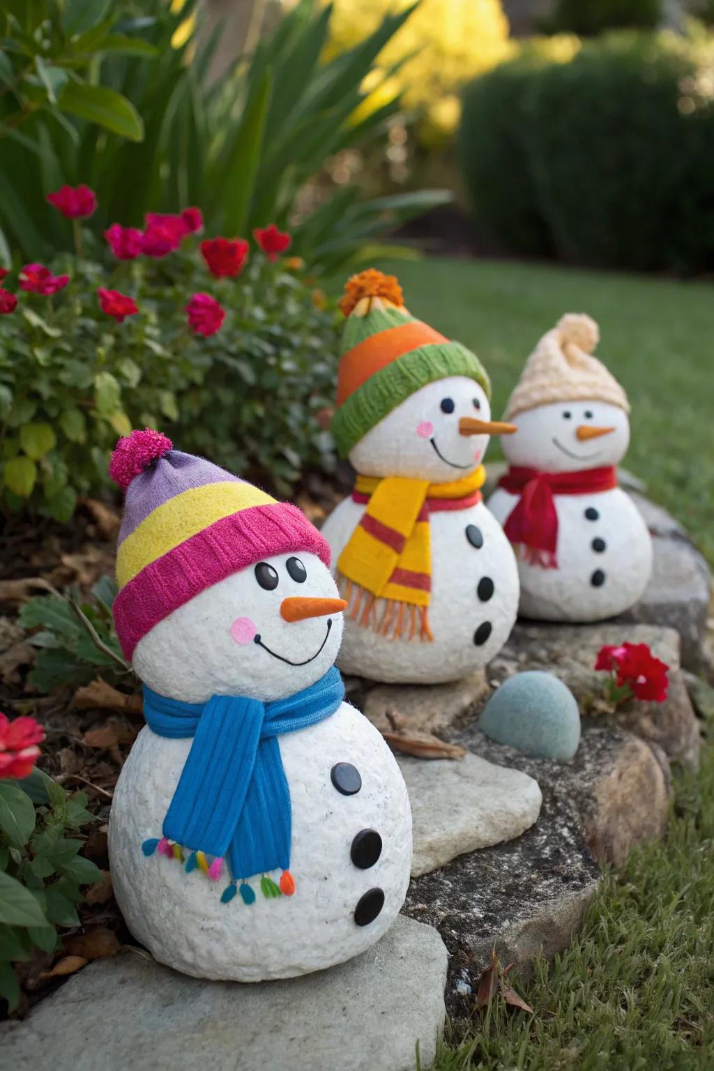 Colored stone snowmen impart a whimsical flourish to any area.