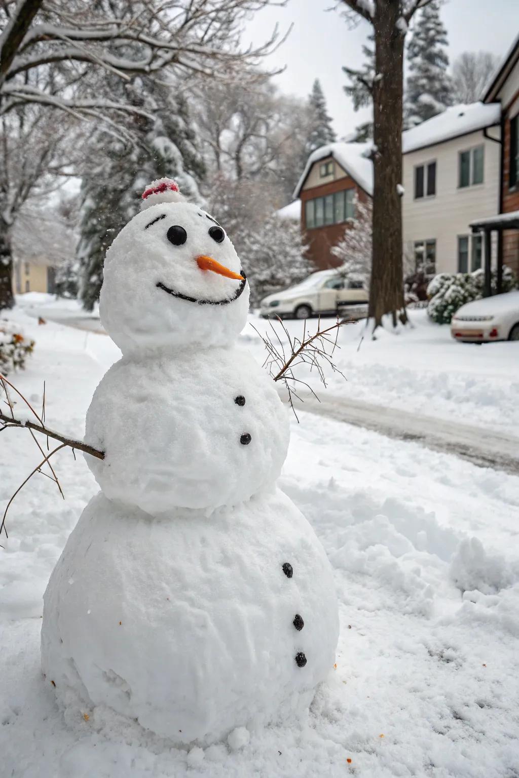 A snowman showcasing a humorous expression conveying jubilation.