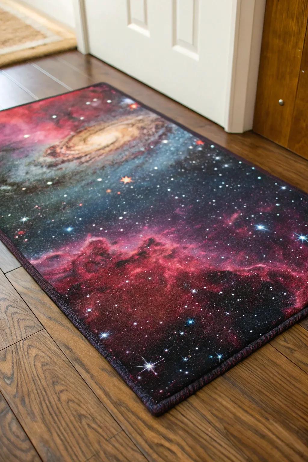 A galaxy-themed rug introduces texture and unites the room’s theme.