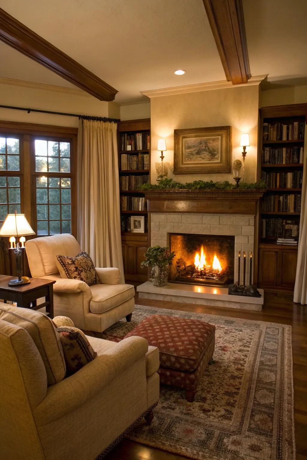 A fireplace creates an inviting and warm atmosphere.