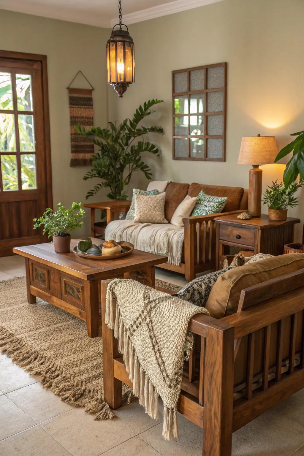 Raw timber pieces introduce warmth and an earthy sensation.