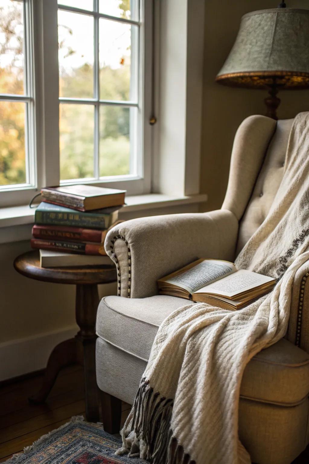 A cozy reading corner encourages you to unwind with a captivating story.