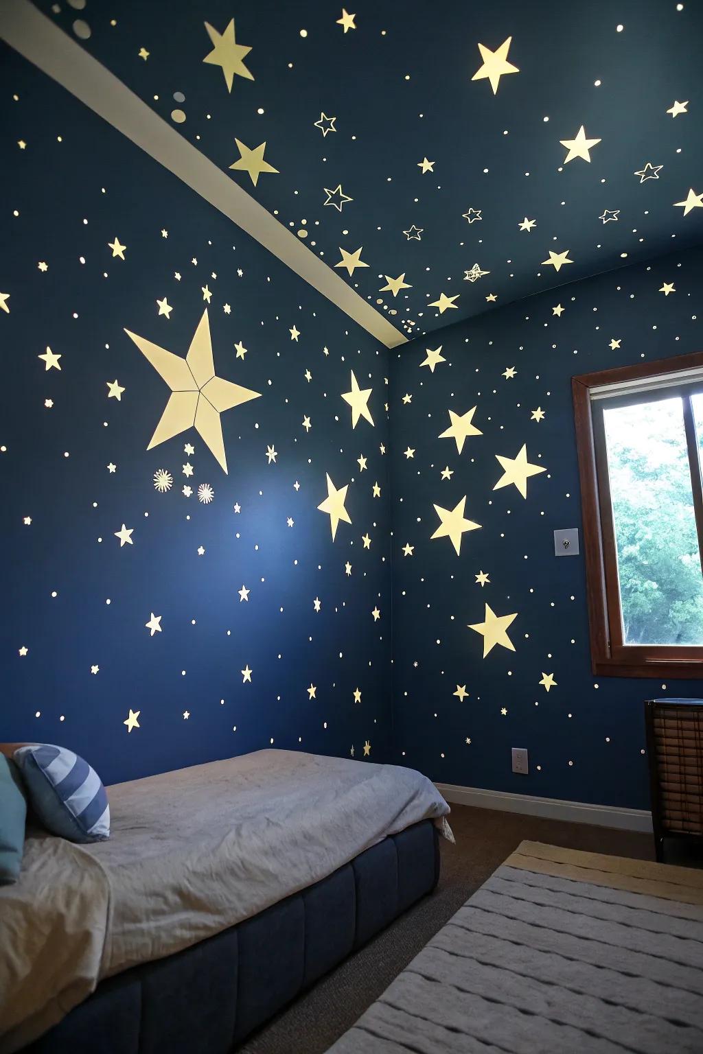 A deep color scheme with star details creates depth.