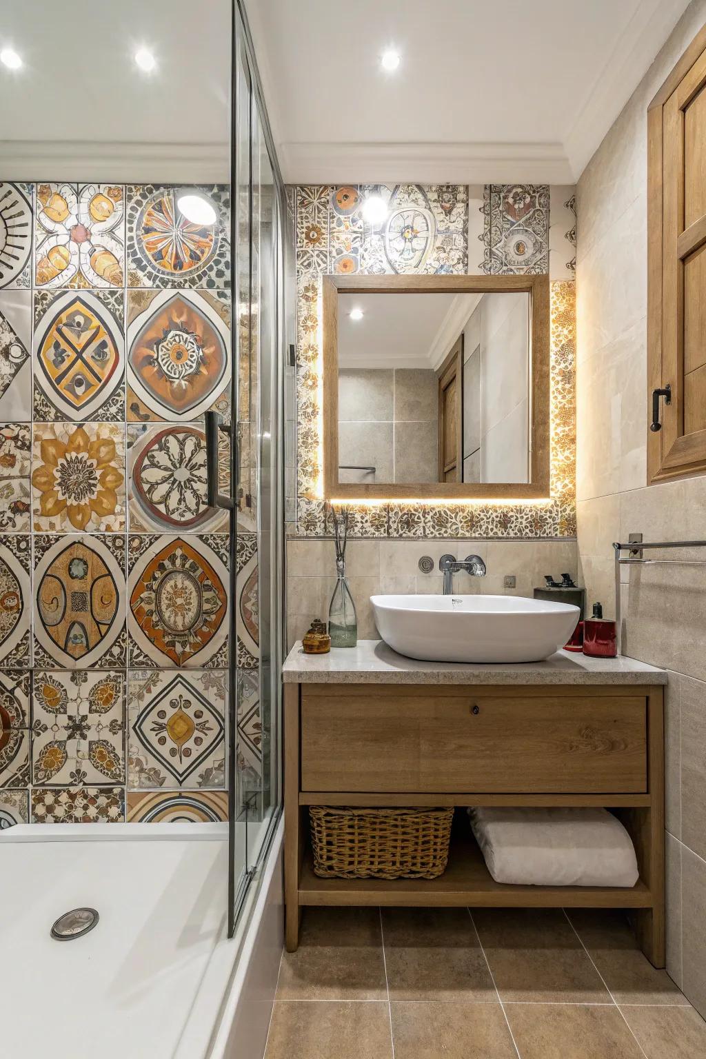 A perfect blend of sleek modern fixtures and traditional Spanish tiles.