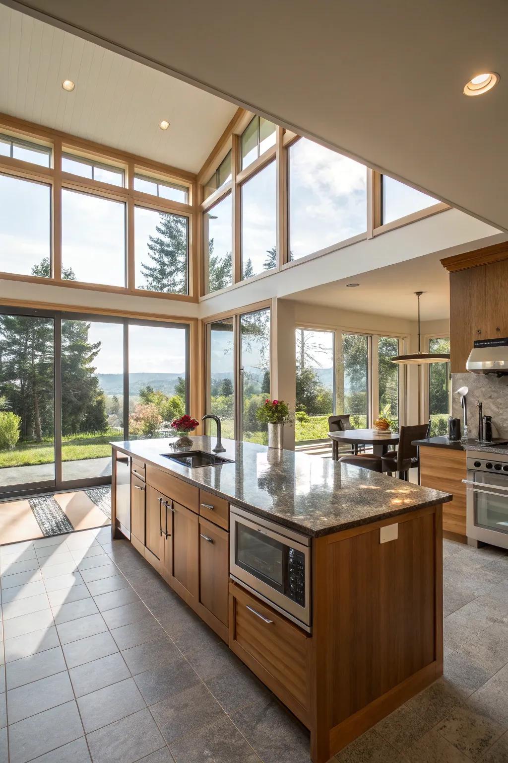 An open layout and large windows create an airy and inviting kitchen.