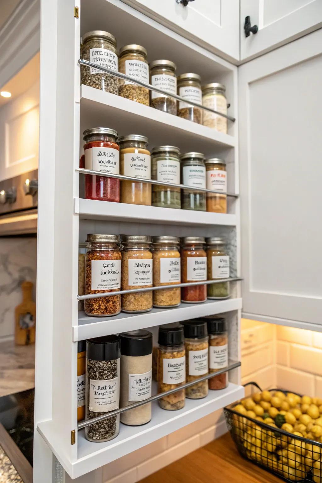 Stepped shelving optimizes spice storage capacity.