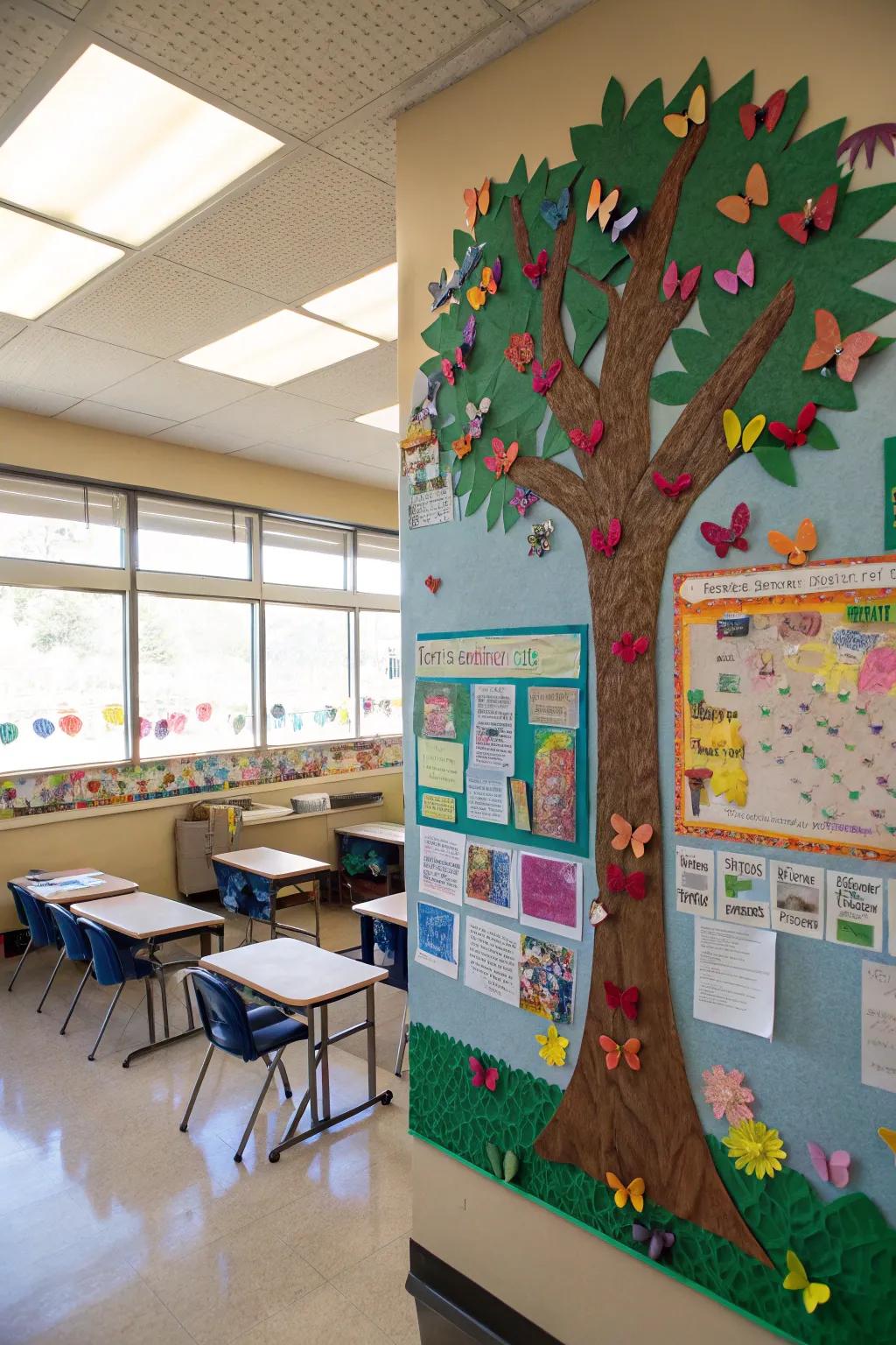 A 3D tree notice board decorated with butterflies, highlighting creativity and teamwork.